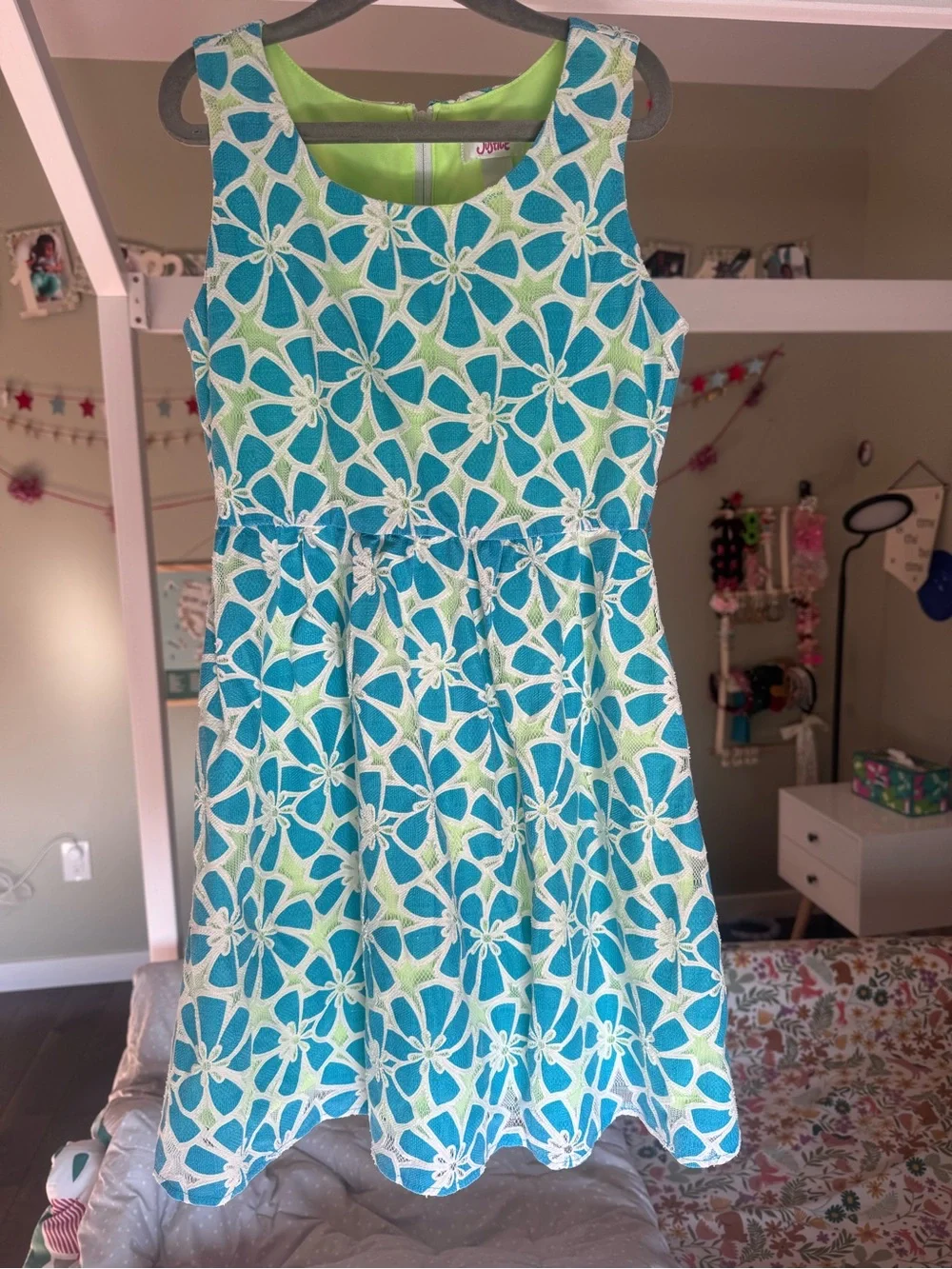 Justice Girls Blue & Lime Floral Fit-and-Flare Dress Size 8